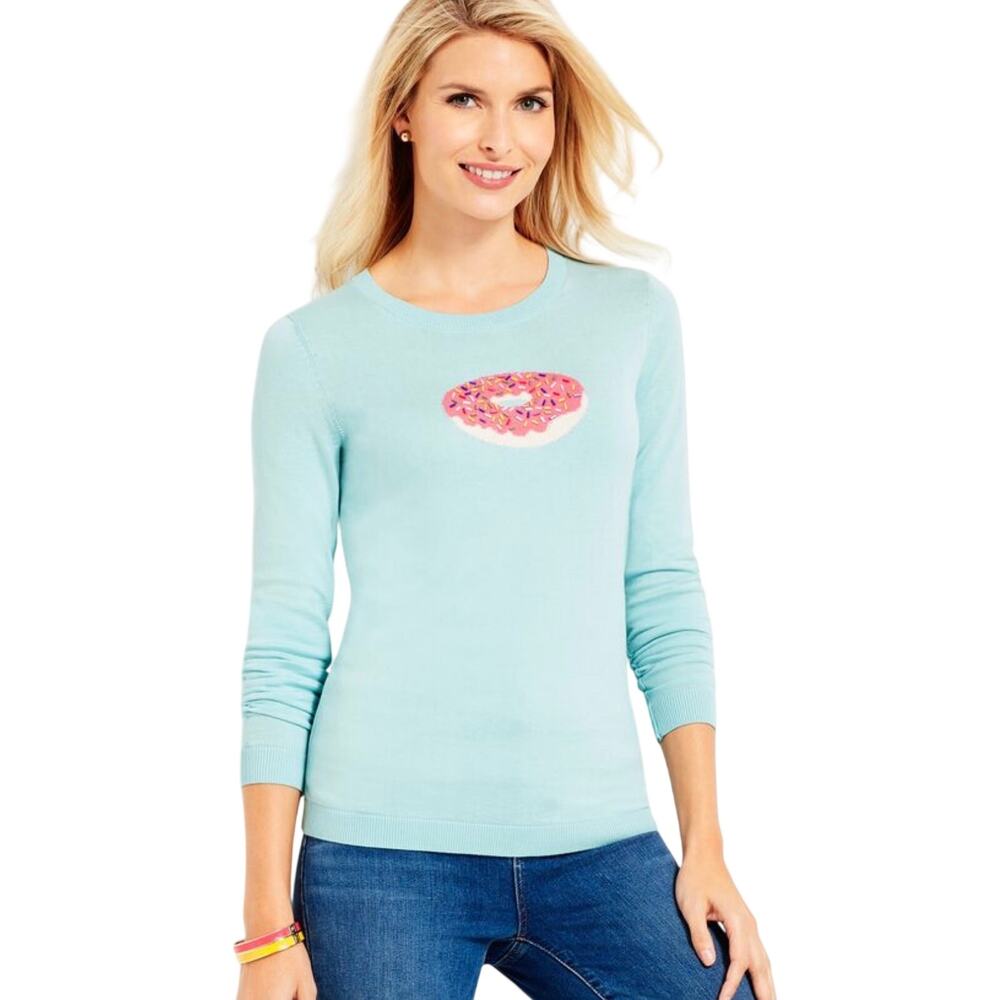Talbots Blue Sprinkle Donut Sweater Crewneck 3/4 Sleeve Women Size Petite Medium